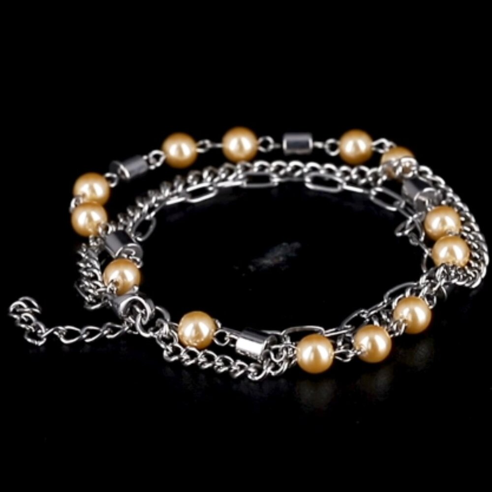 Golden Color Shell Pearl 3 Row Bracelet in Stainless Steel (7.5-9.0In)
